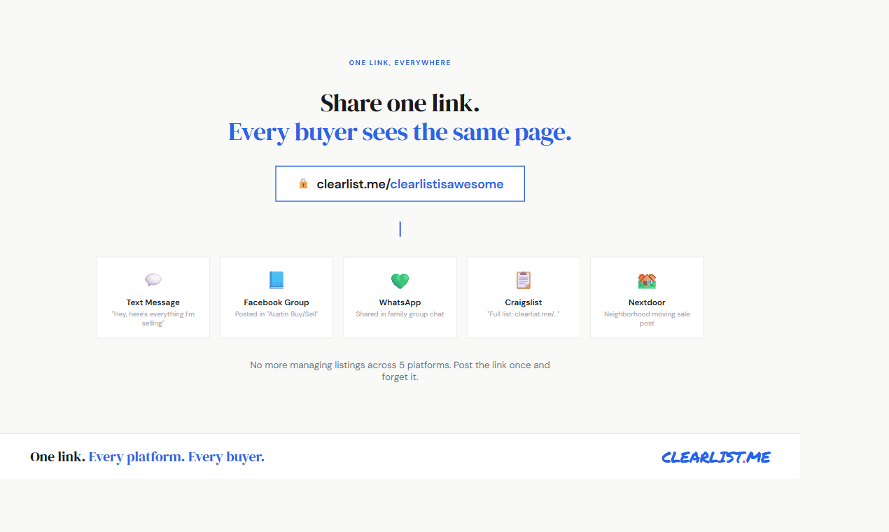 ClearList one-link sale page