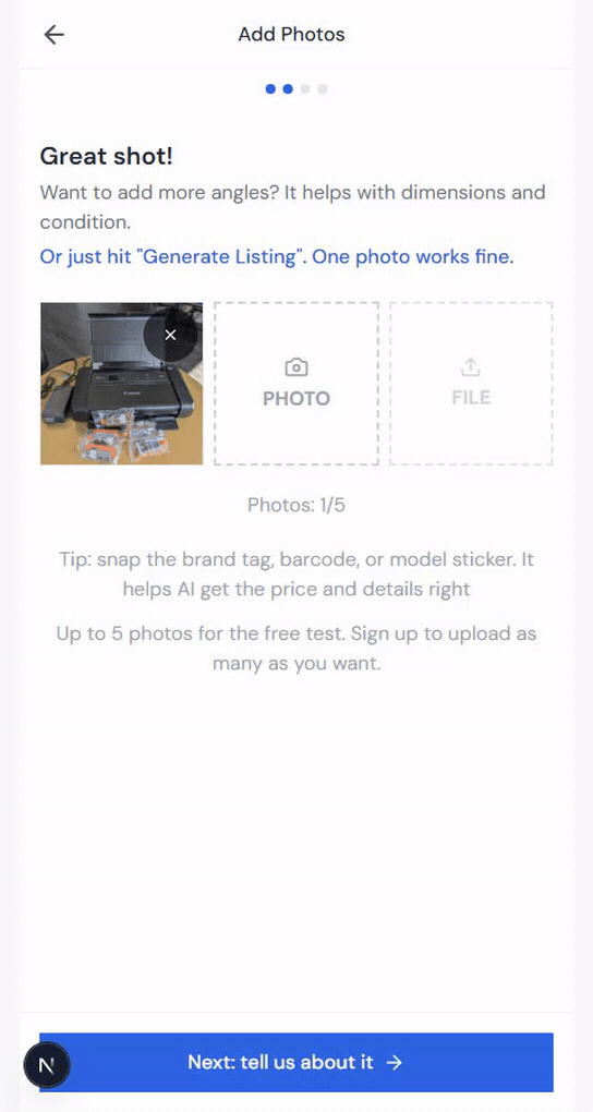 One photo becomes a finished listing